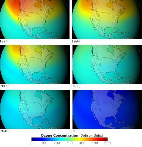 Photo montrant la modélisation de l'évolution du trou de la couche d'ozone si les CFC n'avaient pas été interdits.