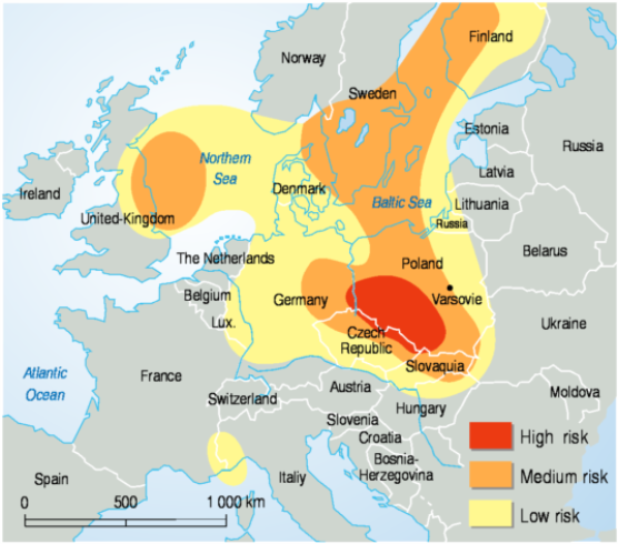 Carte montrant la répartition des pluies acides en Europe au début des années 1900.