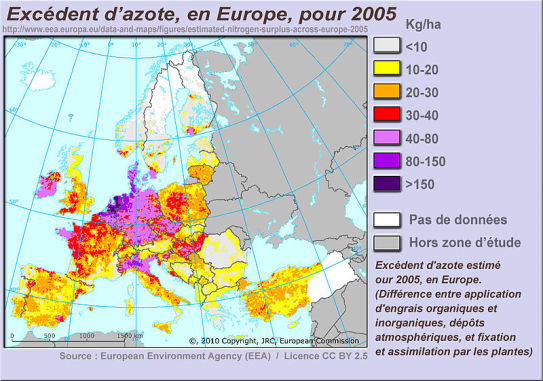Carte montrant un excédent d'azote en Europe pour 2005.