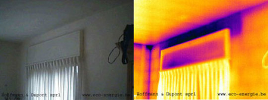 Photo montrant les ponts thermiques sur un linteau de fenêtre par thermographie infrarouge.