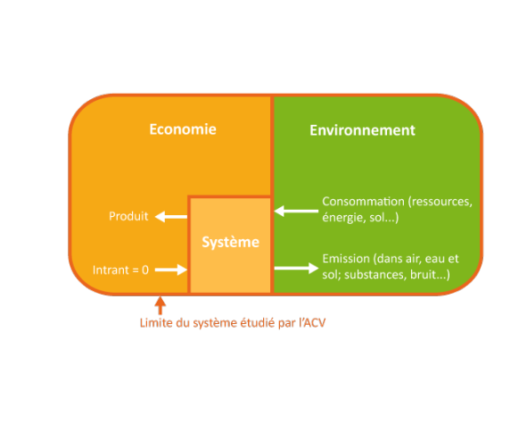 Schéma montrant les rapports entre l'environnement, le système étudié et le monde économique.