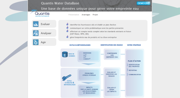 Capture d'écran de la base de données "quantis water database".