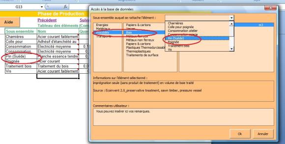 Capture d'écran montrant les choix des données dans l'outil Bilan Produit ®.